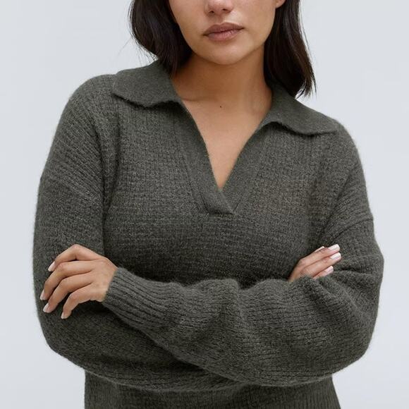 Everlane The Alpaca Waffle-Stitch Polo Sweater Pullover Wool Blend Green XS - Picture 1 of 12